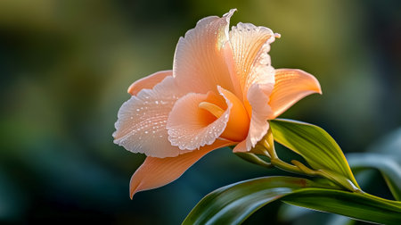 A stunning peach flower showcasing delicate petals adorned with dewdrops, bathed in sunlightの素材