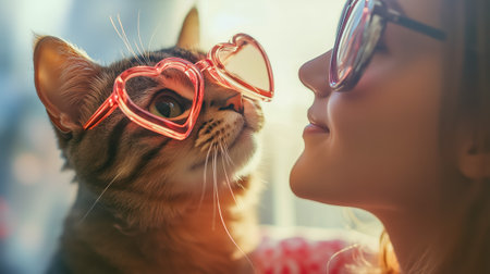 A young woman and her cat share a playful moment while wearing heart-shaped glassesの素材