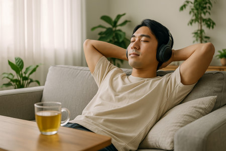 A young man is enjoying music on headphones and sipping tea in a cozy living roomの素材
