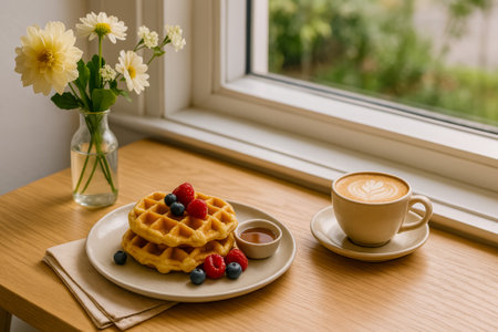 A plate of waffles topped with berries and a cup of coffee on a tableの素材