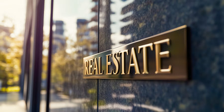 A close-up of a real estate sign on a contemporary building in a bright environmentの素材