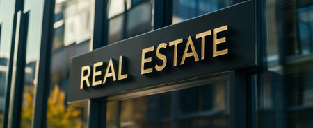 A close-up of a stylish real estate sign on a modern glass building facadeの素材