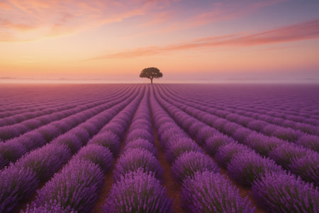 A peaceful lavender field stretches under a colorful sunrise with a single tree in viewの素材