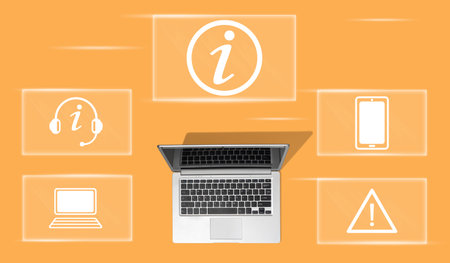 Top view of laptop with symbol of information conceptの写真素材