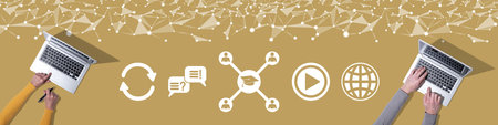 Top view of hands using laptop with symbol of mooc concept