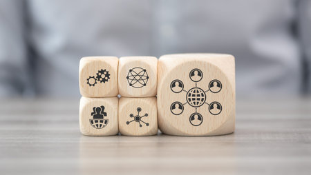 Wooden blocks with symbol of globalization conceptの写真素材