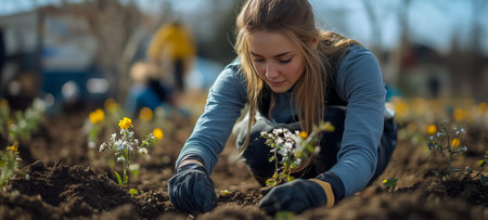 A young woman carefully planting flowers while gardening in a sunny outdoor settingの素材