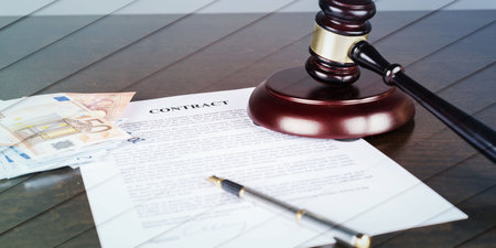 Judge gavel with contract and cash money (random english dummy text used), geometric pattern