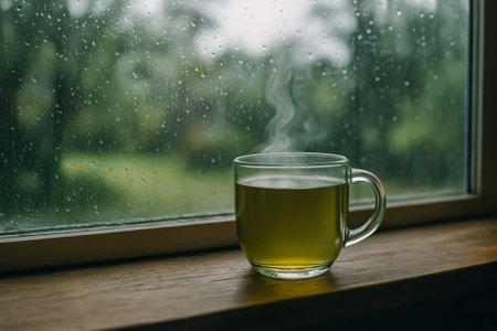 A steaming cup of green tea remains on a wooden windowsill beside a rainy windowの素材