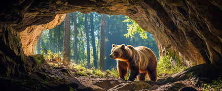 A brown bear steps out of a cave into a serene forest illuminated by sunlightの素材