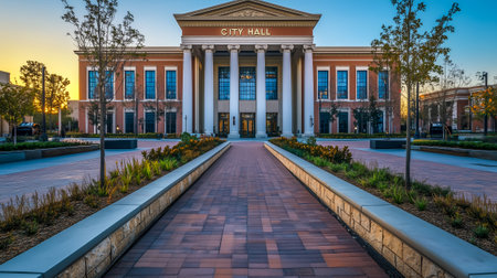 A stunning city hall building with columns and landscaped pathways during sunsetの素材