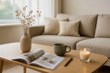 A cozy living room featuring a cup of coffee, a candle, and a magazine on the tableの素材
