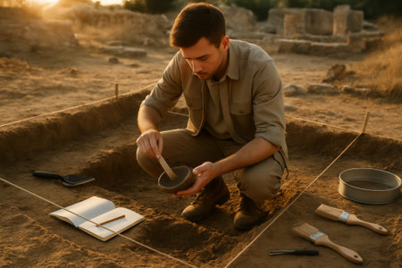 A young archaeologist meticulously analyzing artifacts at a dig site during golden hourの素材