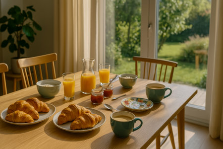 A bright breakfast table featuring croissants, orange juice, and coffee in a sunny settingの素材