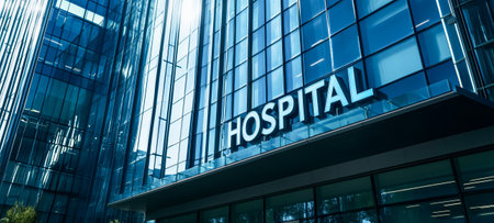 A sleek modern hospital building featuring large glass windows and bright reflectionsの素材