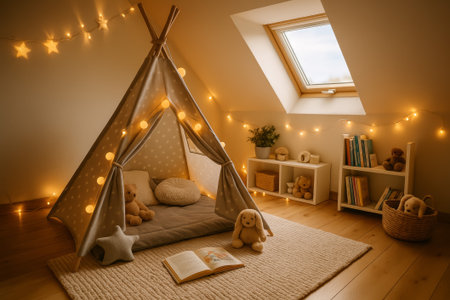 A warm and inviting children's reading nook featuring a tent, stuffed animals, and cozy decorの素材