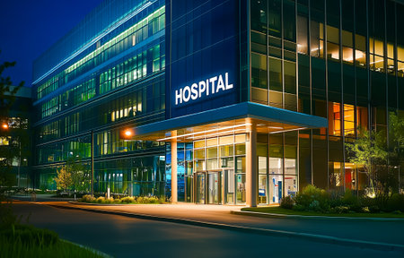 A modern hospital building illuminated at night with a prominent 'hospital' sign visibleの素材