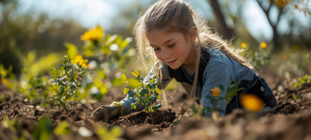A young girl is happily gardening and nurturing plants in a sunny outdoor settingの素材