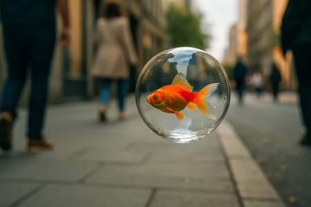 A vibrant goldfish inside a bubble floats in a busy urban street sceneの素材