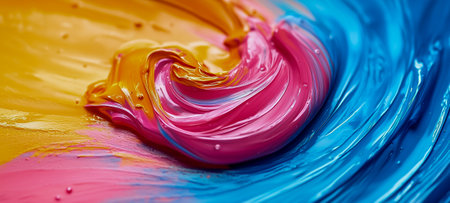 An abstract close-up of vibrant paint colors swirling together to create a dynamic flowing designの素材