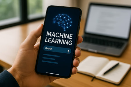 A hand holding a smartphone showing a machine learning search interface on a deskの素材