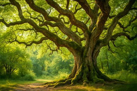 A majestic tree showing intricate branches and vibrant green leaves in a peaceful forestの素材