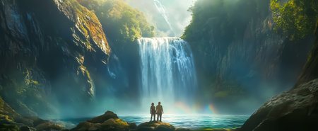 A couple admires a stunning waterfall surrounded by lush greenery and misty lightの素材
