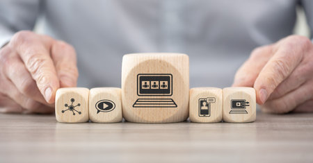 Wooden blocks with symbol of video conference conceptの写真素材