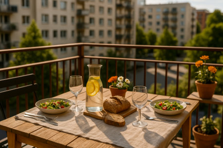 A cozy balcony table set with salads, bread, and refreshing lemonade in a sunny atmosphereの素材