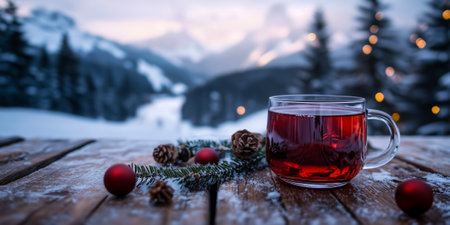 A cozy glass mug filled with a warm red beverage on a snowy winter landscapeの素材