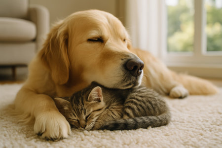A golden retriever and a kitten sleeping peacefully together on a cozy rug at homeの素材