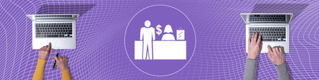 Top view of hands using laptop with symbol of purchase concept