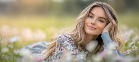 A young woman with long hair relaxing in a flower-filled meadow, smiling softlyの素材