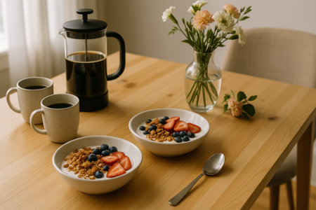 A cozy breakfast setup featuring cereal, coffee, and fresh fruit in a serene environmentの素材