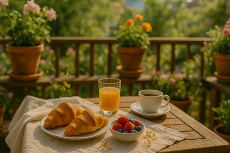 A delightful breakfast spread featuring croissants, berries, and drinks on a sunny balconyの素材
