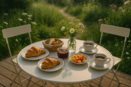 A beautiful outdoor breakfast featuring croissants, fruit, jam, and coffee on a sunny tableの素材