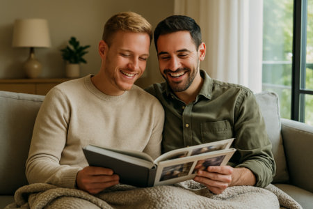 Two men smiling and enjoying a cozy moment together while browsing a photo albumの素材