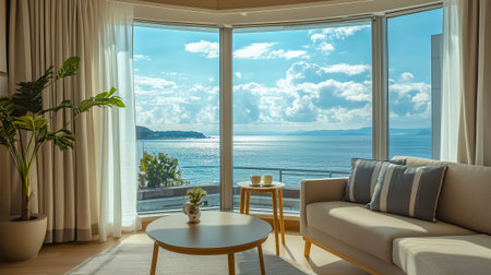 A cozy living room featuring large windows and a beautiful ocean view under blue skiesの素材