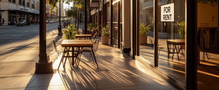 A sunny urban scene featuring outdoor tables and a prominent placeの素材