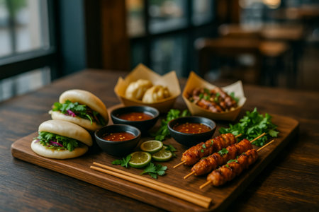 A beautiful assortment of Asian dishes including buns, skewers, sauces, and fresh herbsの素材