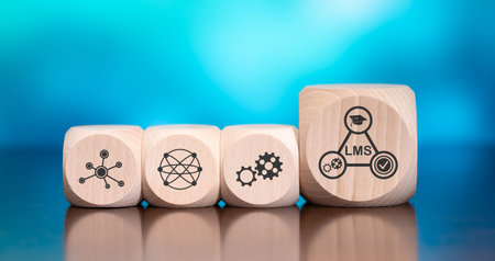 Wooden blocks with symbol of lms concept on blue backgroundの写真素材