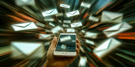 A hand holding a smartphone surrounded by emails in motion, symbolizing communication and technologyの素材