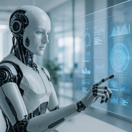 A humanoid robot engaging with a digital display in a sleek, modern office environmentの素材