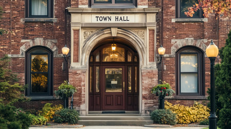 A historic town hall entrance showcasing intricate architecture and vibrant landscapingの素材