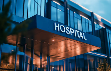 A modern hospital building showcasing an illuminated sign during twilight hoursの素材