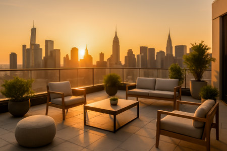 A beautiful rooftop terrace featuring comfortable seating and a stunning sunset view over the cityの素材