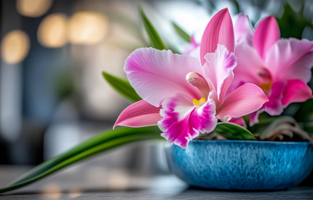 A stunning arrangement of pink orchids in a blue pot, showcasing vibrant natural beautyの素材