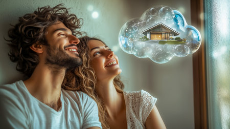 A smiling couple enjoys imagining their future home within a thought bubbleの素材