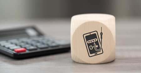 Wooden block with symbol of phishing concept and calculator on backgroundの写真素材