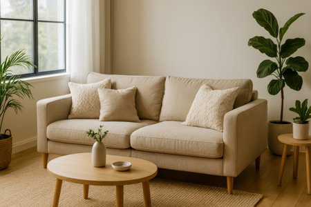 A cozy living room featuring a beige sofa, decorative pillows, and stylish indoor plantsの素材